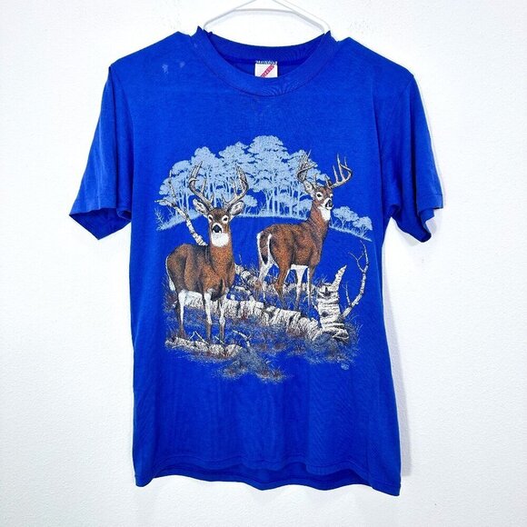 Vintage 1991 Single Stitch Deer Nature Outdoors Graphic Shirt on Jerzees Tag M - Picture 1 of 6